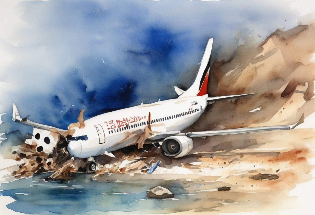 Watercolor painting based depiction of An Egyptian Boeing 737 charter flight crashed into the Red Sea, leading to the deaths of all 148 people on board. (2003)