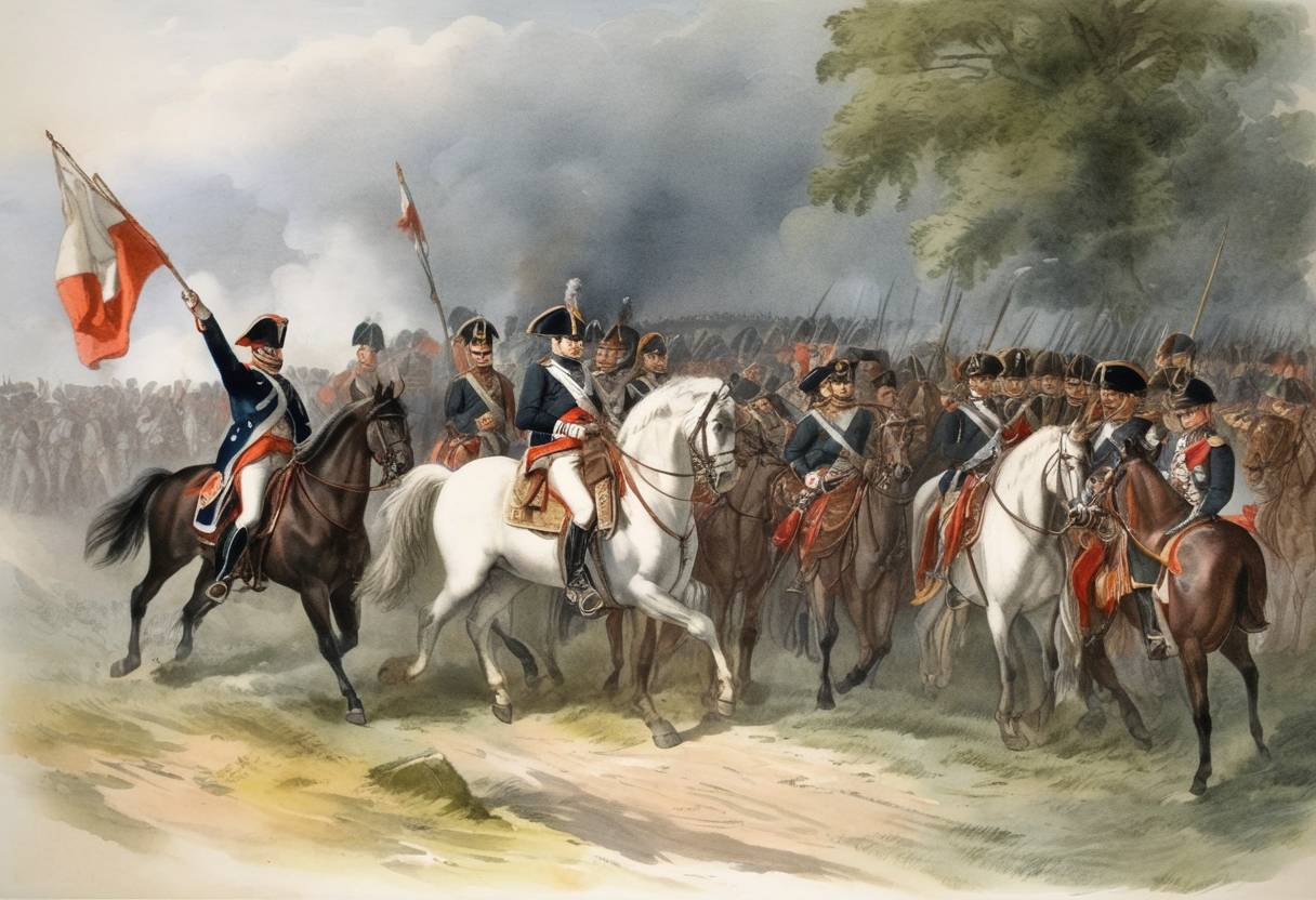Watercolor painting based depiction of A combined Franco-Polish army, led by Napoleon, won the Battle of Wagram against the Austrian Empire near Vienna, ending in a significant French victory. (1809)