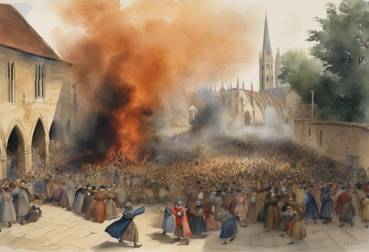 Watercolor painting based depiction of The St. Scholastica Day riot occurred in Oxford, England, which erupted due to a dispute between two local townspeople and students from the University of Oxford escalating into a large-scale conflict, contributing to long-standing tensions between town and gown. (1355)