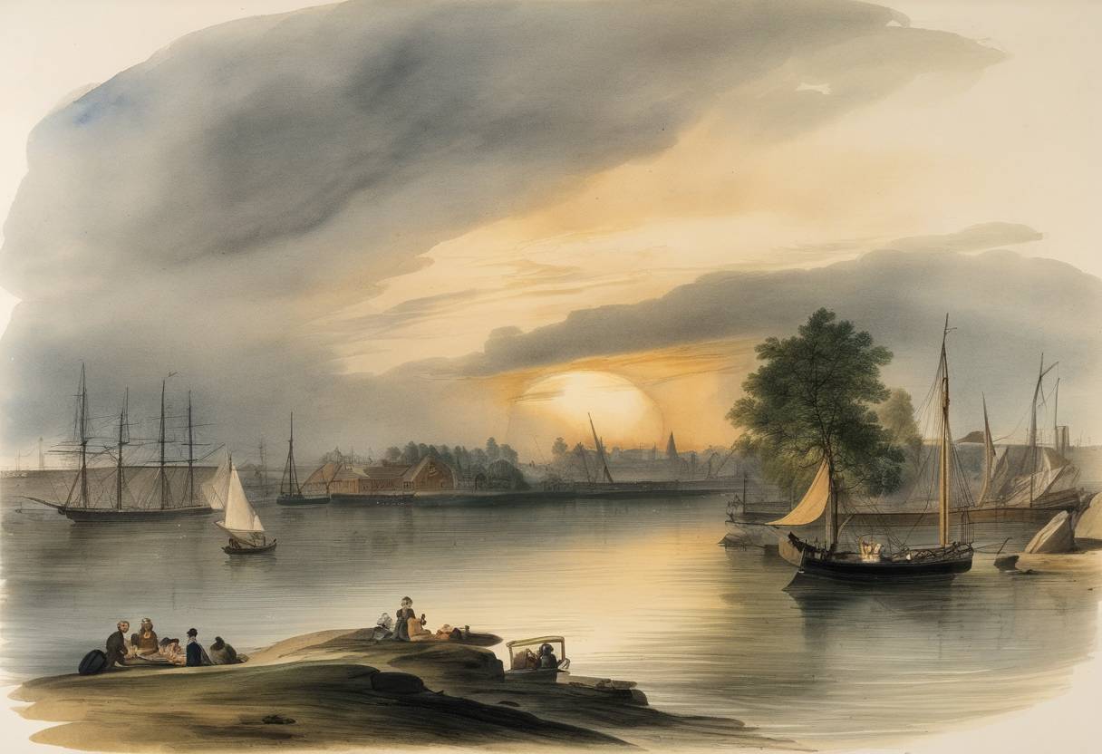 Watercolor painting based depiction of The Danish scientist Hans Christian Ørsted discovered that an electric current can create a magnetic field, marking the beginning of electromagnetism. (1820)