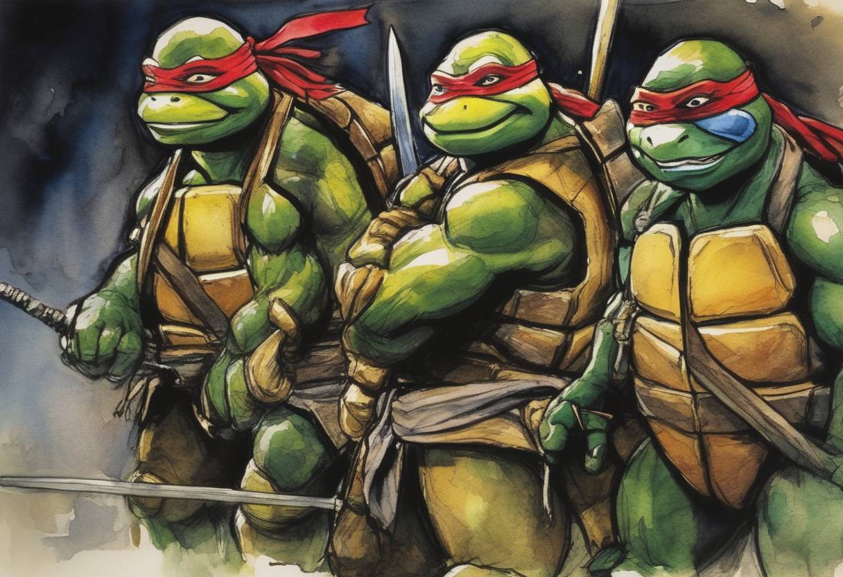Watercolor painting based depiction of Teenage Mutant Ninja Turtles premiered as a comic book series, created by Kevin Eastman and Peter Laird, later becoming a popular franchise. (1984)