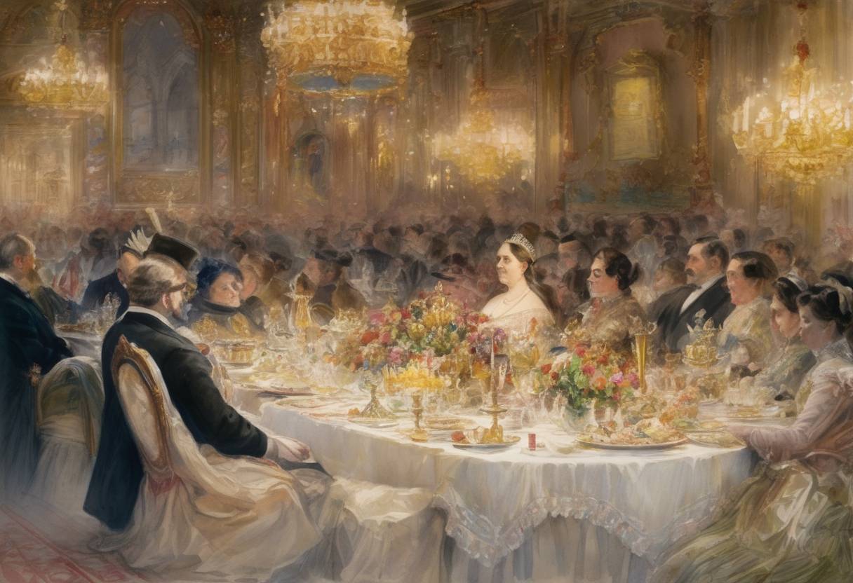 Watercolor painting based depiction of Queen Victoria's Golden Jubilee, marking 50 years of her reign, is celebrated with a banquet hosting many European royalty. (1887)