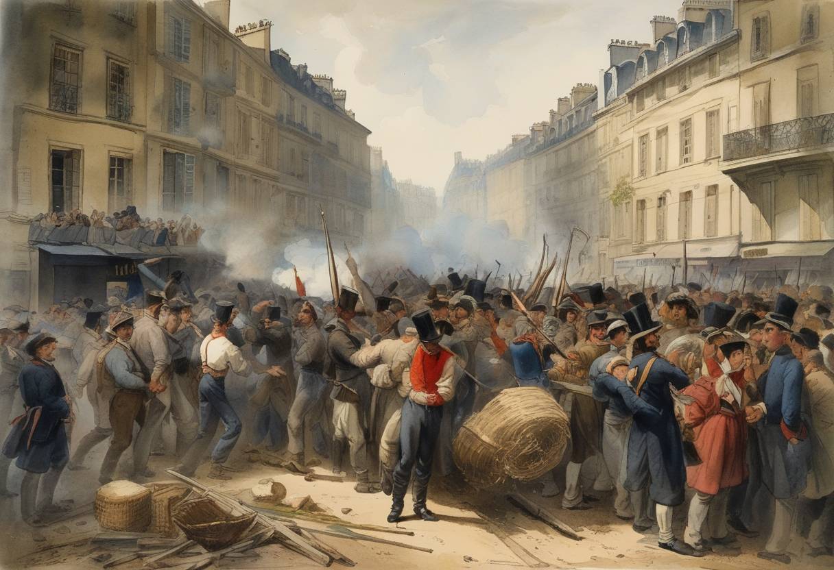 Watercolor painting based depiction of The June Days Uprising began in France, as working-class Parisians protested the closure of National Workshops, leading to a violent confrontation with the French government. (1848)