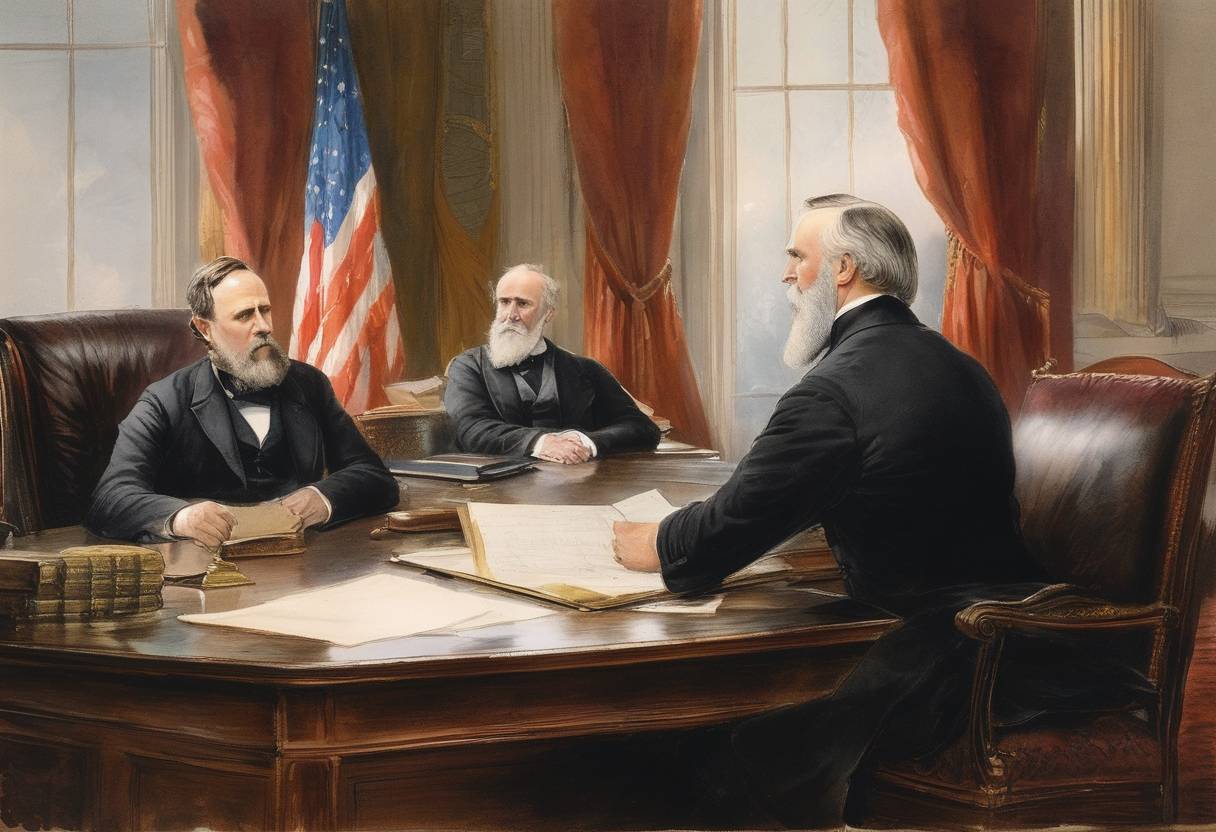 Watercolor painting based depiction of U.S. President Rutherford B. Hayes signed a bill allowing female attorneys to argue cases before the U.S. Supreme Court. This milestone in women's rights marked a progressive moment in the legal history of the United States, paving the way for future generations of women in the legal profession. (1879)