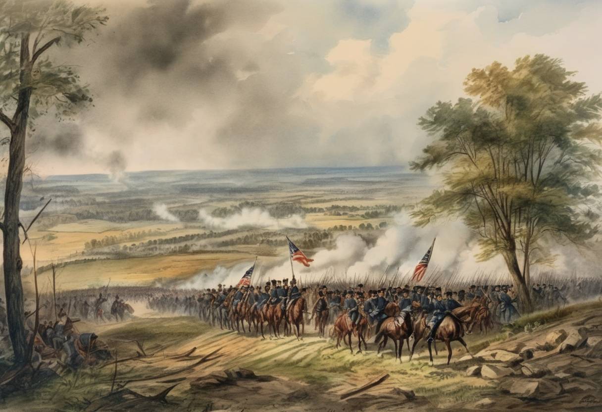 Watercolor painting based depiction of Battle of Kernstown II: Confederate forces under General Jubal Early defeated Union troops under General George Crook, part of the Valley Campaigns of 1864 during the American Civil War. (1864)