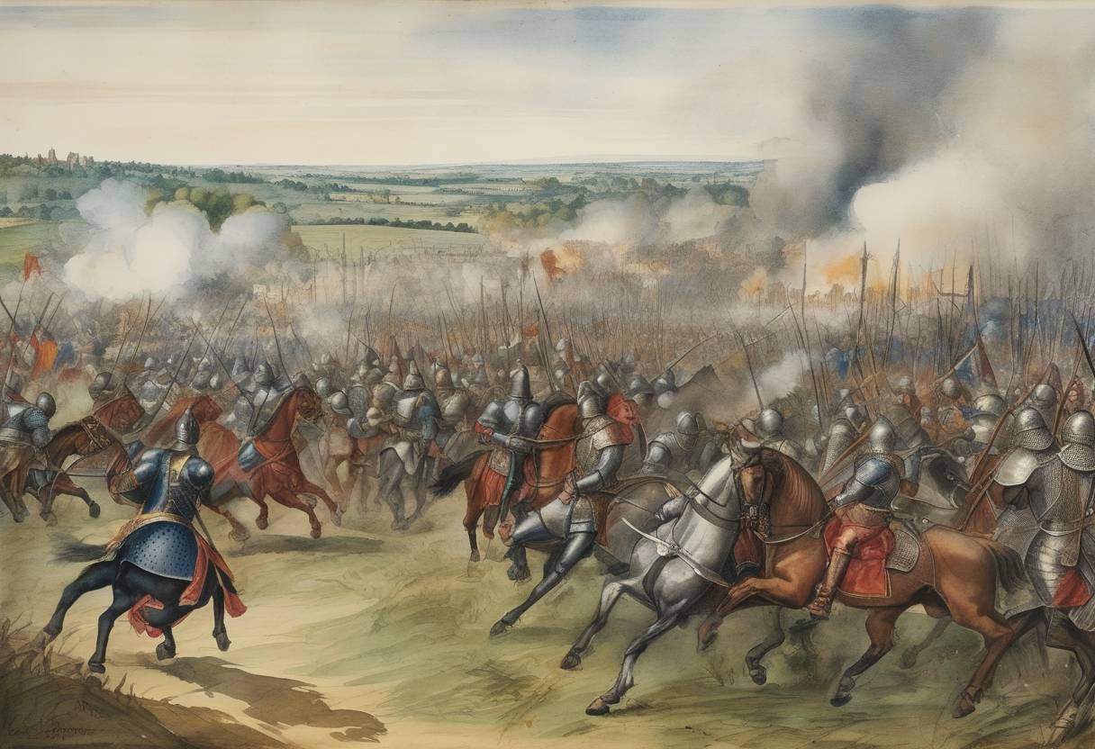 Watercolor painting based depiction of The Battle of Dormans took place as part of the Wars of Religion in France. It was a victory for the Catholic forces of King Henry III over the Protestant forces led by the Duke of Bouillon. (1575)