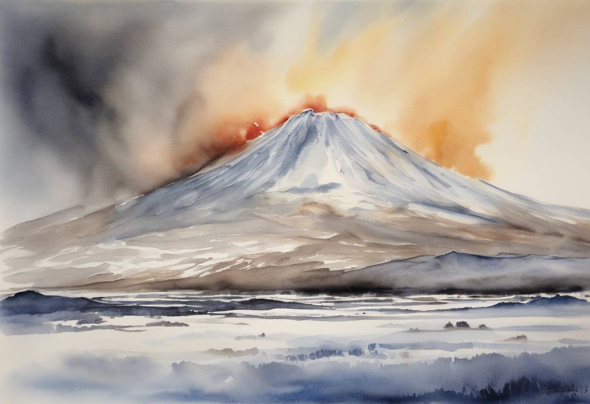 Watercolor painting based depiction of The Eyjafjallajökull volcano in Iceland continued to erupt, leading to widespread air travel disruption across Europe due to ash clouds. (2010)