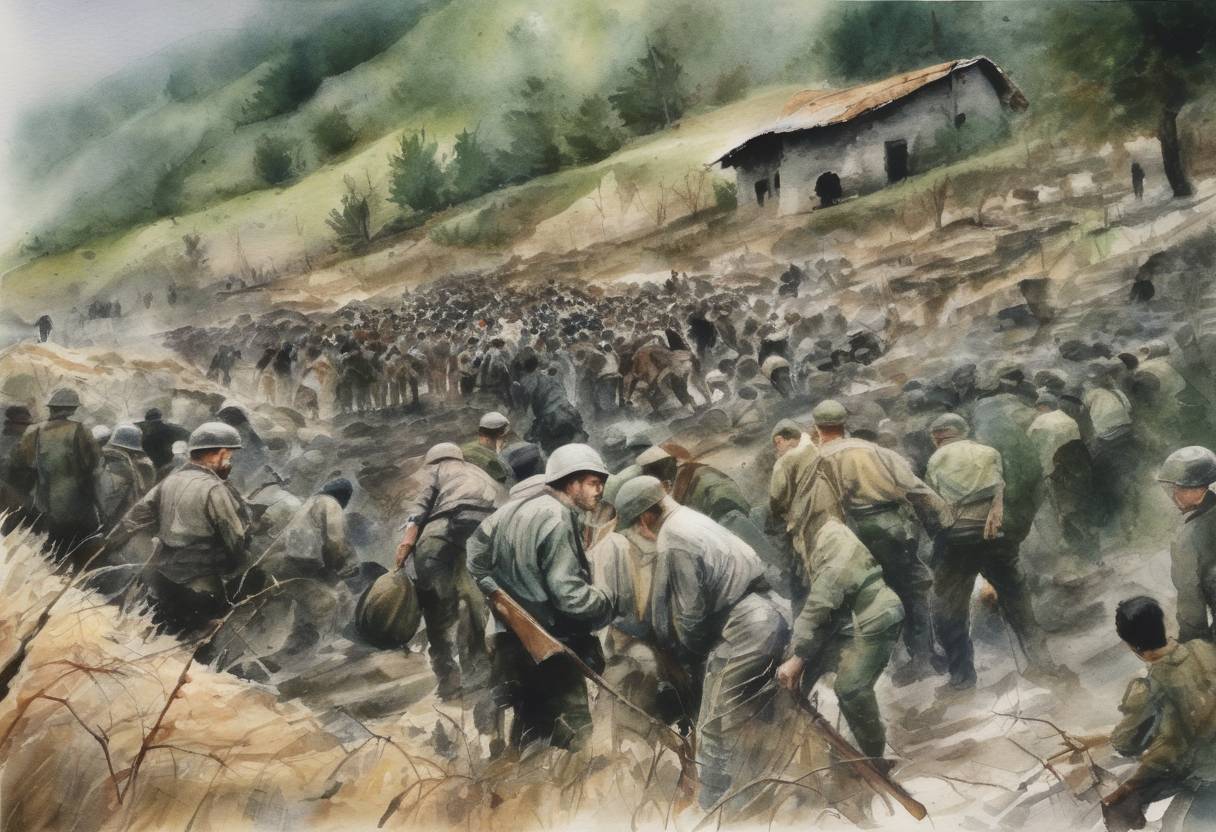 Watercolor painting based depiction of The Srebrenica Massacre occurred during the Bosnian War, where approximately 8,000 Bosniak men and boys were killed by units of the Army of Republika Srpska. (1995)
