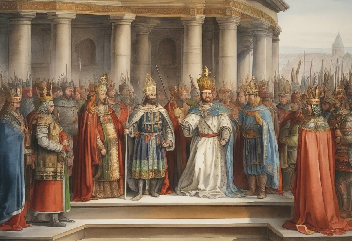 Watercolor painting based depiction of Matthias Corvinus is elected King of Hungary by the Diet of Hungary. (1458)