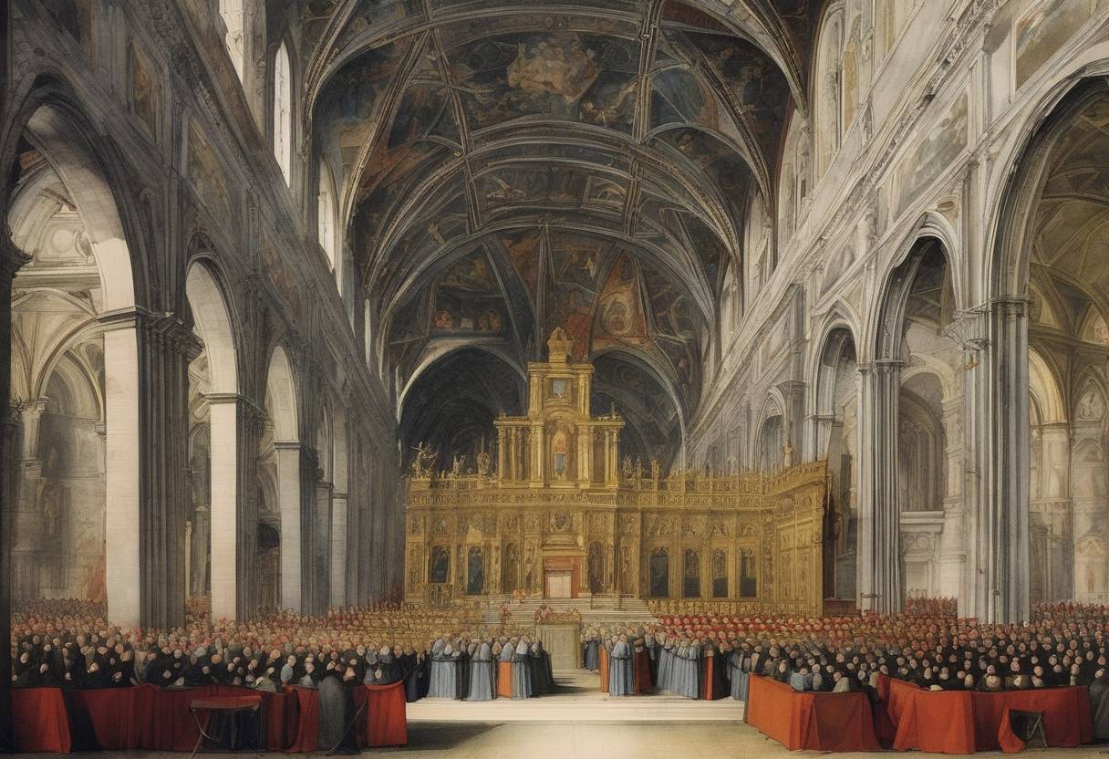 Watercolor painting based depiction of The Council of Trent concluded in Italy, after addressing church reform and condemning Protestantism, and shaping the Roman Catholic Church's counter-reformation. (1562)