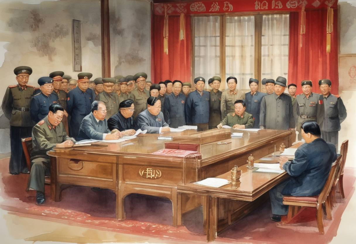 Watercolor painting based depiction of The Constitution of the Korean People's Democratic Republic was adopted, formally establishing North Korea's governmental structure. (1949)