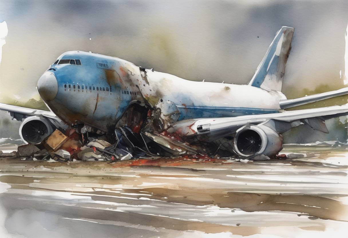 Watercolor painting based depiction of A Boeing 747 cargo plane crashes at the end of the runway at Halifax Stanfield International Airport, Nova Scotia, Canada, killing all seven crew members on board. (2014)