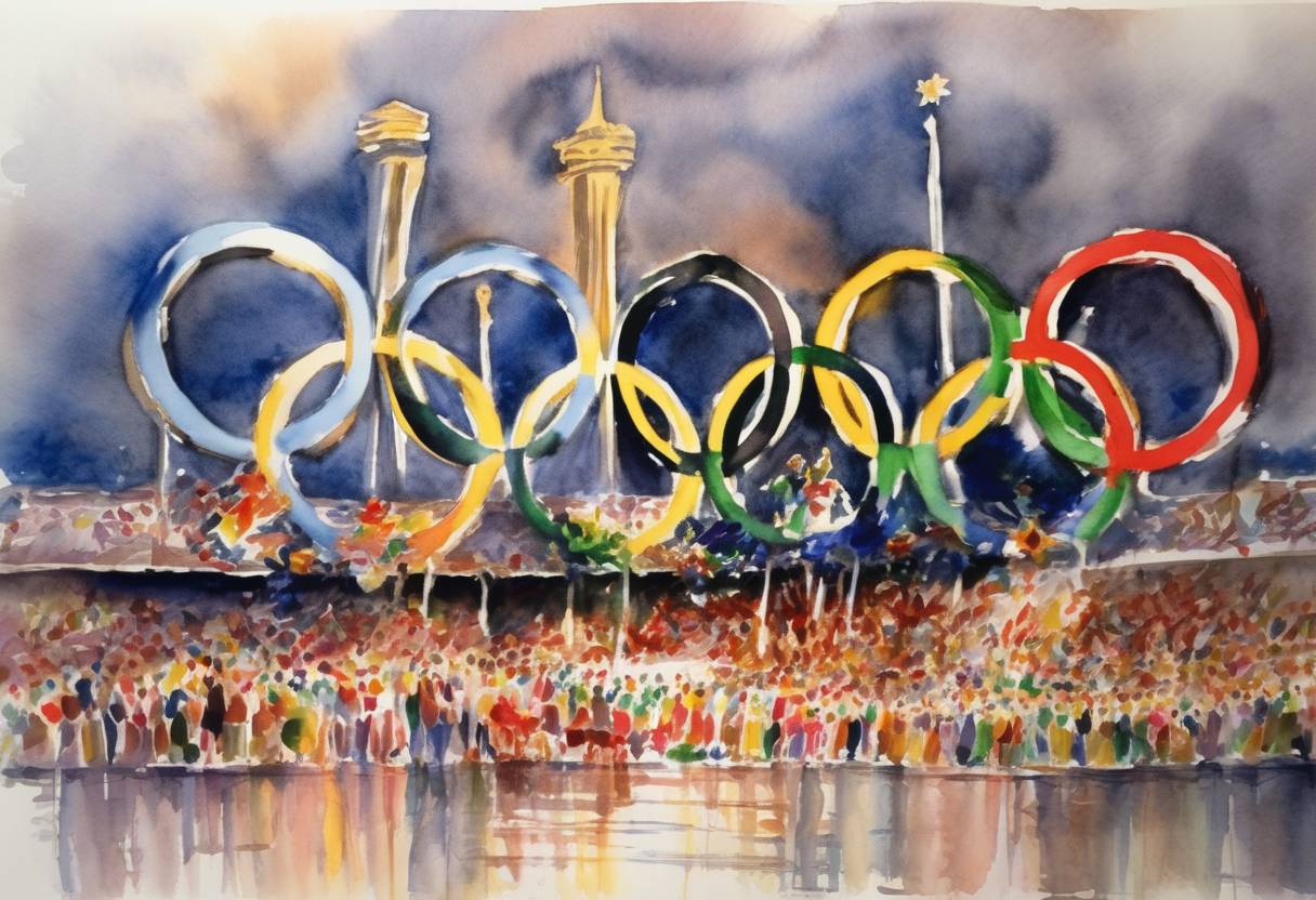 Watercolor painting based depiction of The closing ceremonies of the Centennial Olympic Games were held in Atlanta, Georgia. These games were marked by the tragic bombing on July 27th, but also celebrated athletes from around the world. (1996)