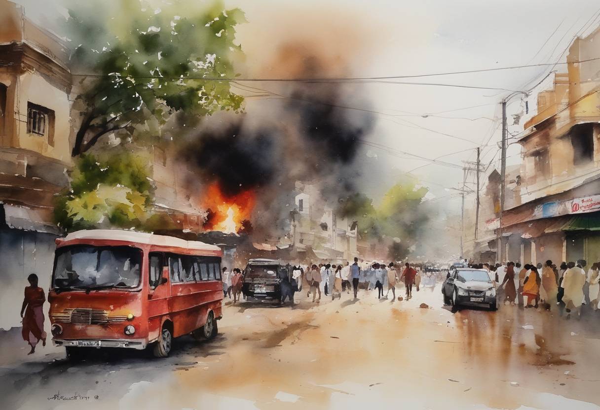Watercolor painting based depiction of A bomb attack in Hyderabad, India, killed at least 16 people and injured more than 100 others. (2013)