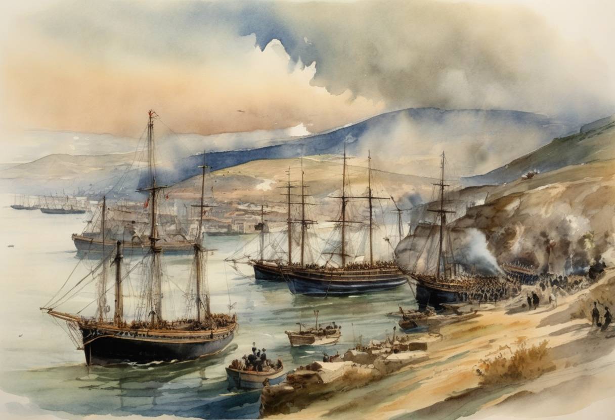 Watercolor painting based depiction of The British and French began naval operations against Ottoman Empire defenses in the Dardanelles, an event that marked the beginning of the Gallipoli Campaign during World War I. (1915)