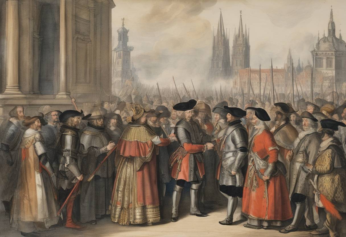 Watercolor painting based depiction of The Treaty of Münster was signed, marking the end of the Eighty Years' War between Spain and the Dutch Republic, recognizing Dutch independence. (1648)
