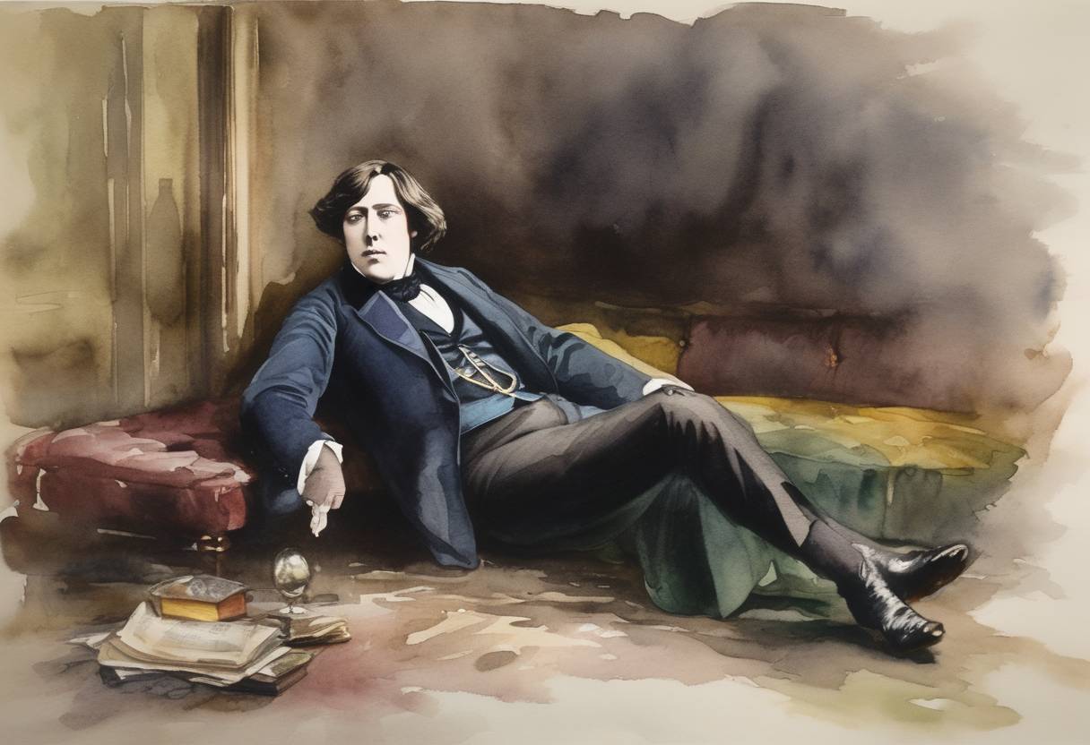 Watercolor painting based depiction of Oscar Wilde, the famous Irish playwright and poet, was arrested in London for 'gross indecency' because of his homosexuality, which was a criminal offense at the time. (1895)