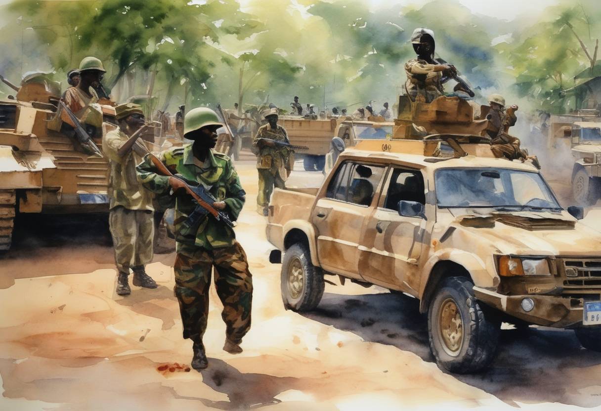 Watercolor painting based depiction of An attempted coup in the Central African Republic is thwarted. The insurgents briefly hold the capital Bangui before being defeated by loyalist forces. (2001)