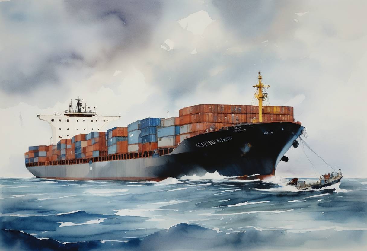 Watercolor painting based depiction of Somali pirates hijack the U.S. container ship Maersk Alabama in the Indian Ocean, marking a piracy incident that drew international attention. (2009)