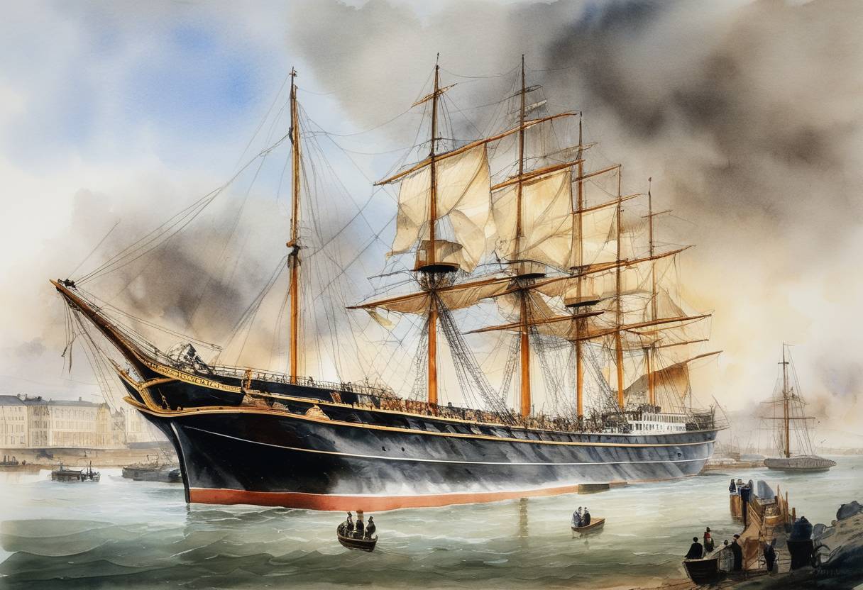 Watercolor painting based depiction of Brunel's SS Great Britain is launched. It is the first ocean-going craft built of iron, and equipped with a screw propeller. (1843)