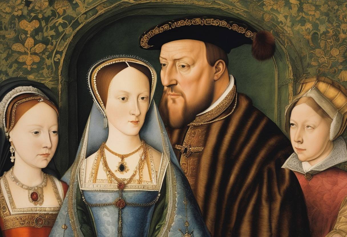 Watercolor painting based depiction of The marriage of Henry VIII and Anne Boleyn was declared valid by Archbishop of Canterbury Thomas Cranmer, strengthening their hold on power despite controversy. (1533)