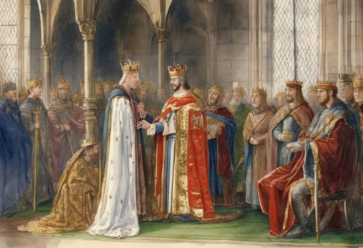 Watercolor painting based depiction of John of England is proclaimed King of England after the death of his brother Richard I. (1199)