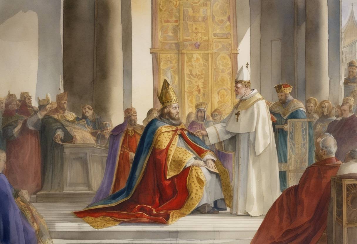 Watercolor painting based depiction of Emperor Otto III crowned his cousin Bruno as Pope Gregory V, making him the first German pope. (996)