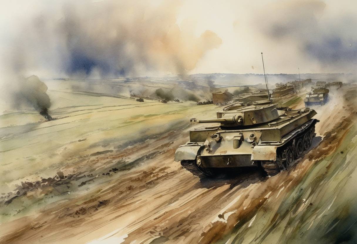 Watercolor painting based depiction of The Battle of Cambrai begins during World War I, marking the first large-scale use of tanks in combat by British forces. (1917)