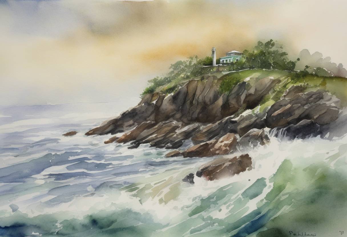 Watercolor painting based depiction of The International Court of Justice rules in favor of Singapore in a territorial dispute with Malaysia over Pedra Branca, Middle Rocks, and South Ledge, with Pedra Branca awarded to Singapore. (2008)