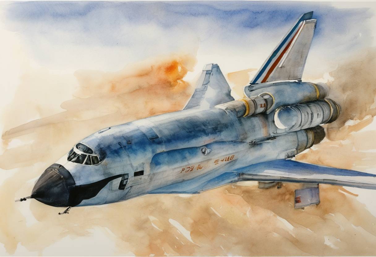 Watercolor painting based depiction of Norman Thagard became the first American astronaut to ride to space on a Russian launch vehicle, marking a thaw in U.S.-Russian space collaboration post-Cold War. (1995)