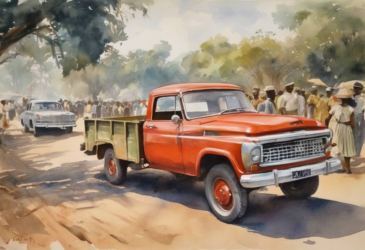 Watercolor painting based depiction of Northern Rhodesia gains independence from the United Kingdom and becomes the Republic of Zambia. (1964)