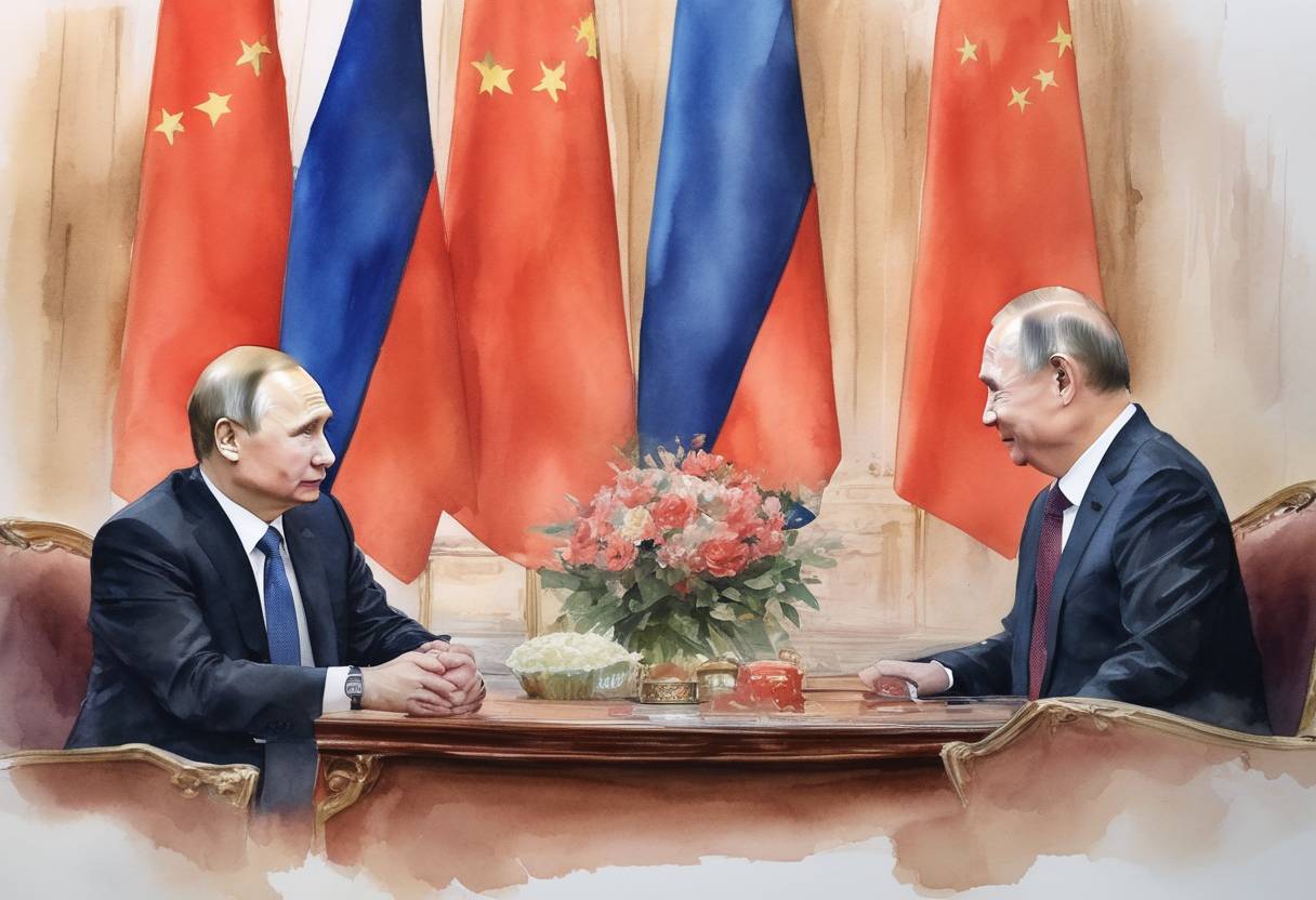 Watercolor painting based depiction of The Russian Federation and the People's Republic of China agreed to further solidify their 'no limits' partnership during a meeting between Presidents Vladimir Putin and Xi Jinping amid rising tensions in Ukraine. (2022)