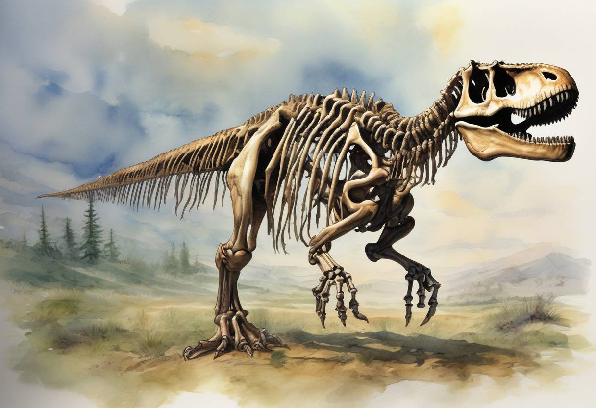 Watercolor painting based depiction of The largest and most complete Tyrannosaurus rex skeleton, known as 'Sue,' was discovered in South Dakota by paleontologist Sue Hendrickson. It provided significant insights into the species. (1990)