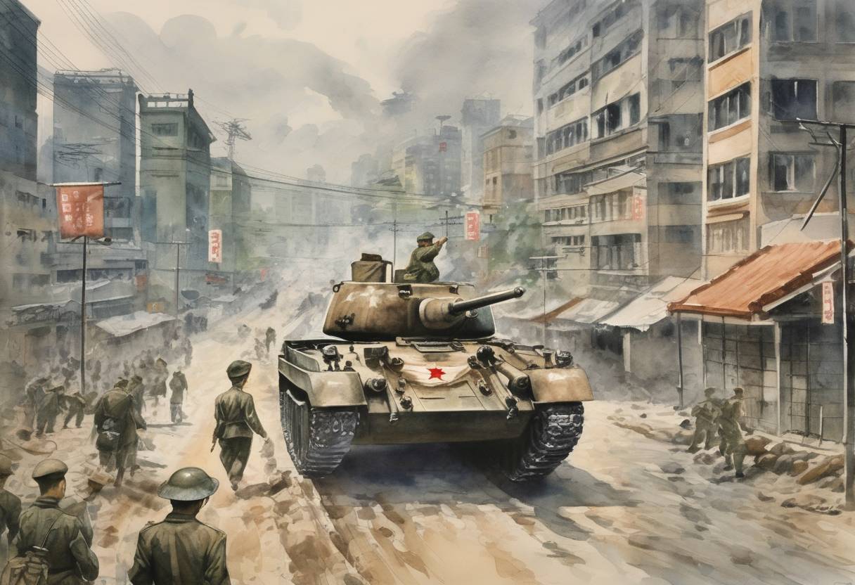 Watercolor painting based depiction of North Korean forces captured Seoul, the capital of South Korea, during the early stages of the Korean War. This conflict was a significant event in the Cold War, involving major powers such as the United States, China, and the Soviet Union. (1950)