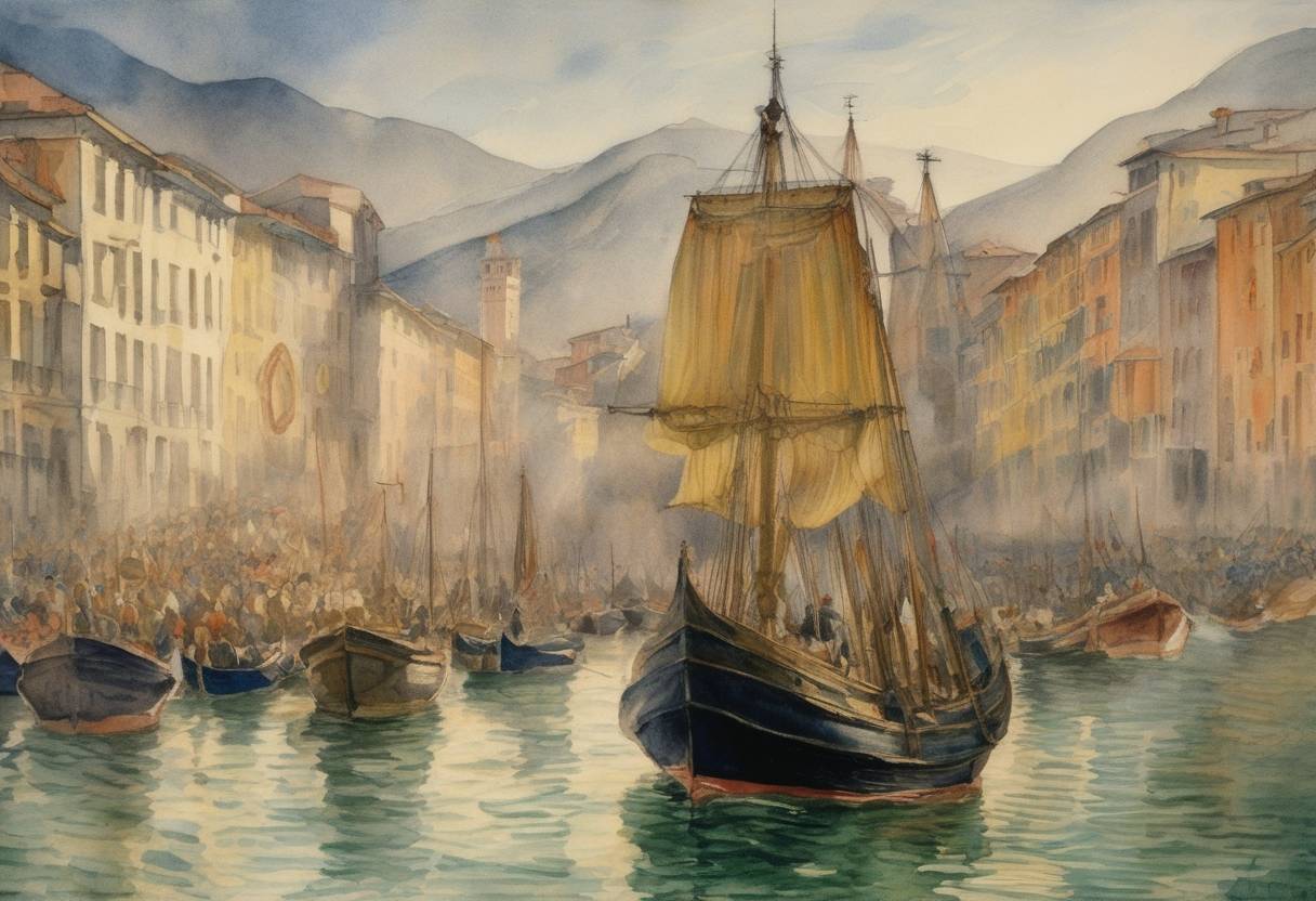 Watercolor painting based depiction of Nino Boccioni is appointed as the first Doge of Genoa, marking a significant shift in the governance of the Republic of Genoa. (1341)