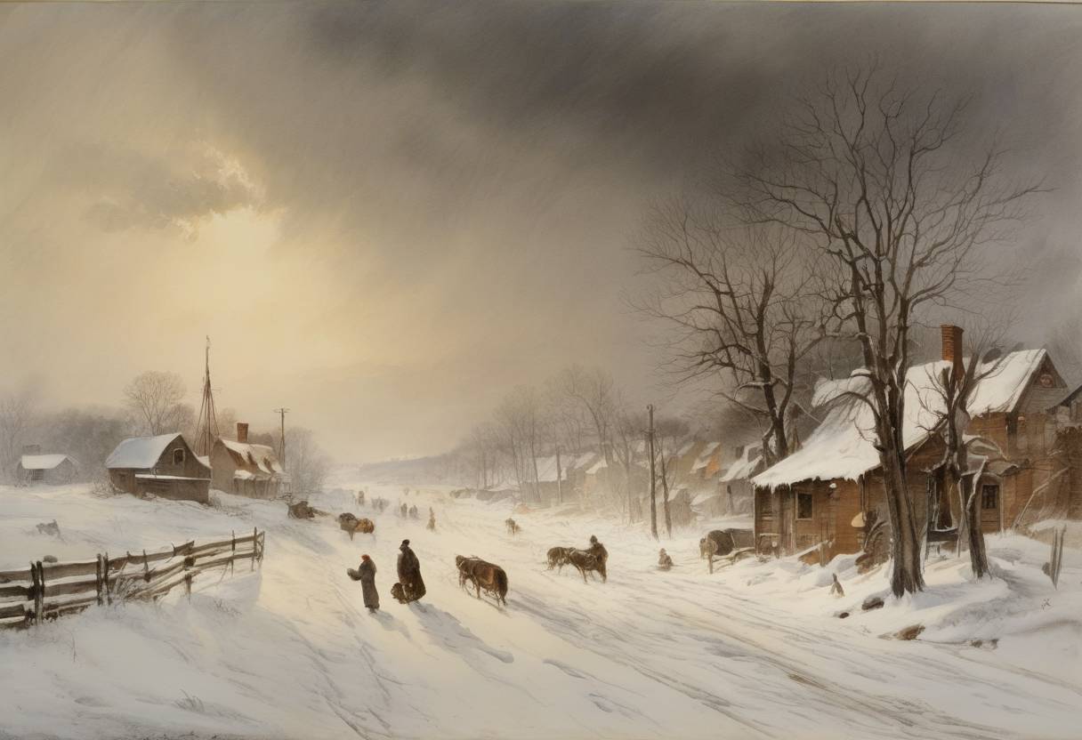 Watercolor painting based depiction of A week-long blizzard kills over 200 people in Northeast United States. (1887)
