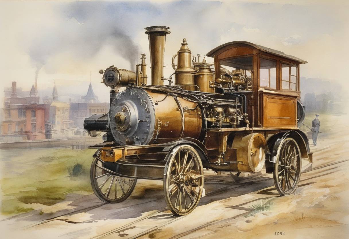 Watercolor painting based depiction of Rudolf Diesel was granted a U.S. patent for the diesel engine, a pivotal development in mechanical engineering due to its efficiency and power. (1898)