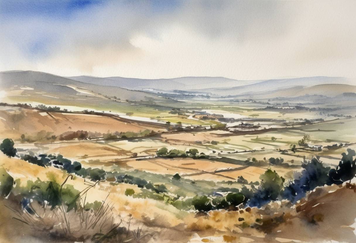 Watercolor painting based depiction of During the Six-Day War, Israel captures the Golan Heights from Syria. (1967)