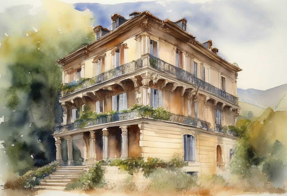 Watercolor painting based depiction of Fire destroys the Grandvaux-Balme family mansion, home to the Balme family for over two hundred years, located in the commune of La Barben. (1996)