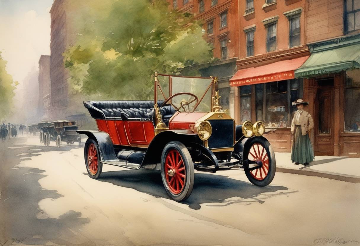 Watercolor painting based depiction of The first known use of the word 'automobile' appeared in an editorial in The New York Times. (1899)