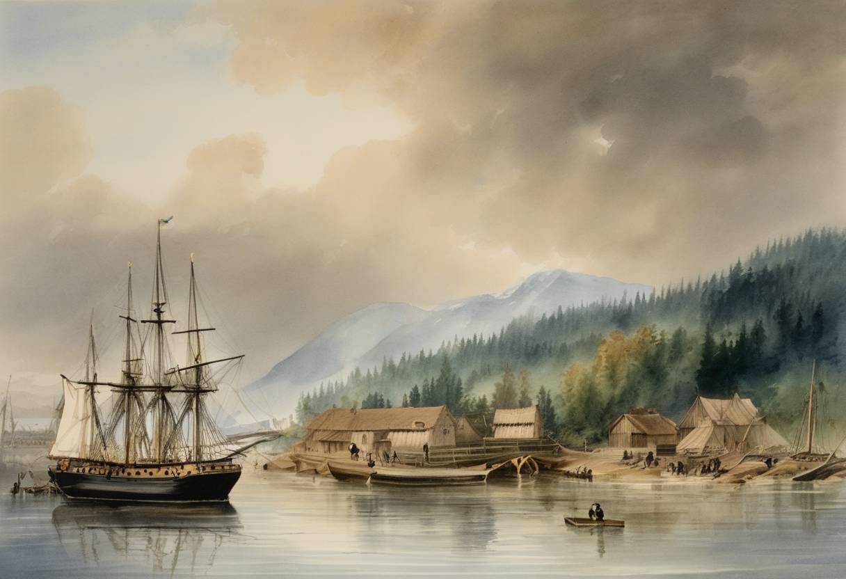 Watercolor painting based depiction of The Governor General of the Hudson's Bay Company, Sir George Simpson, arrived in what is now Vancouver, Canada, on a mission to centralize operations of the company in Fort Langley to increase trade efficiency. (1849)