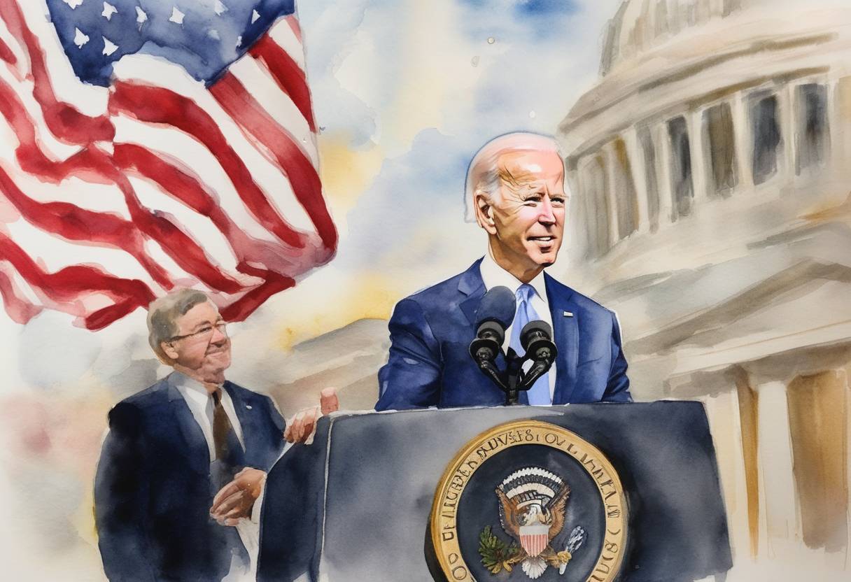 Watercolor painting based depiction of United States President Joe Biden announces the largest-ever release of oil from the nation's strategic reserves, aiming to reduce fuel prices amid global tensions and energy demand. (2022)