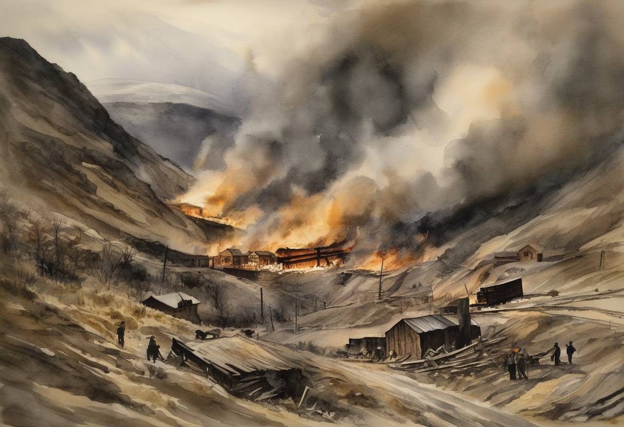 Watercolor painting based depiction of The Scofield Mine disaster occurred when an explosion in a coal mine in Scofield, Utah, claimed the lives of 200 miners. (1900)