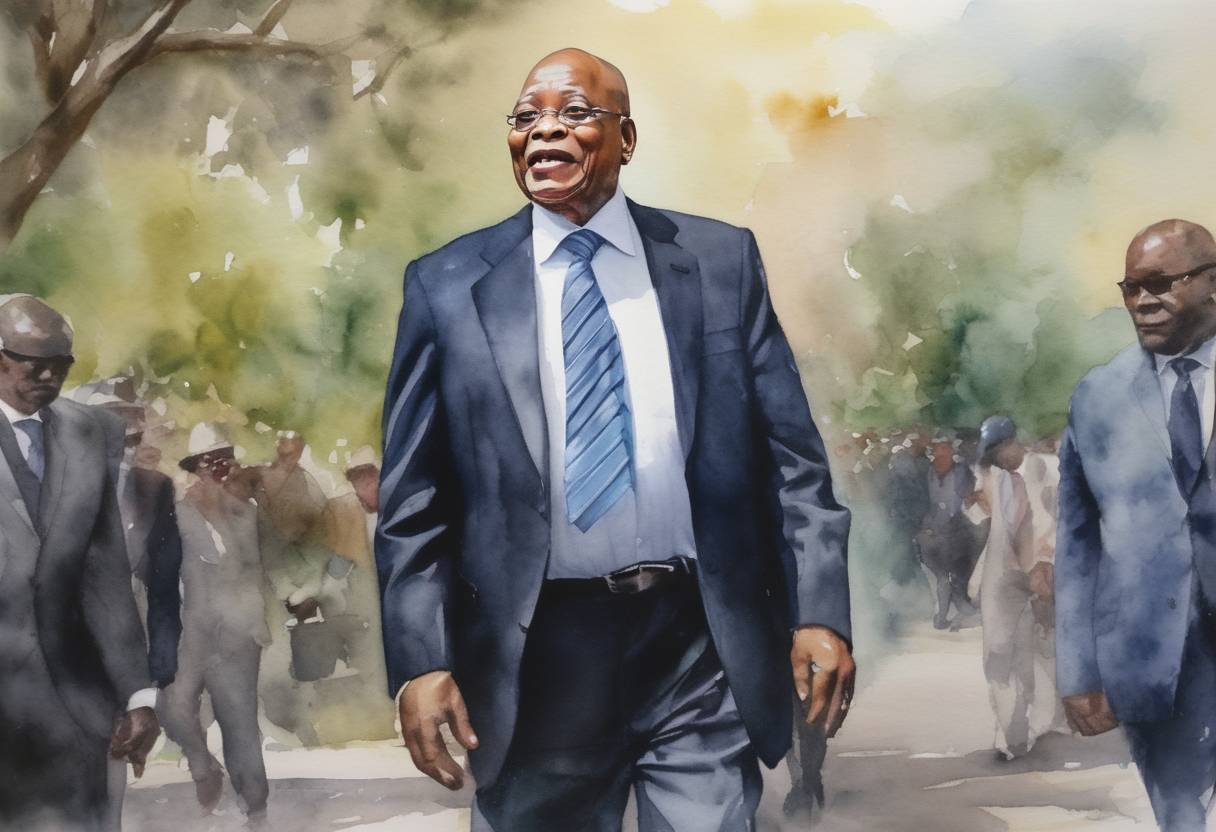 Watercolor painting based depiction of Former South African President Jacob Zuma was ordered to return to jail after his early release was overturned by a court. (2022)