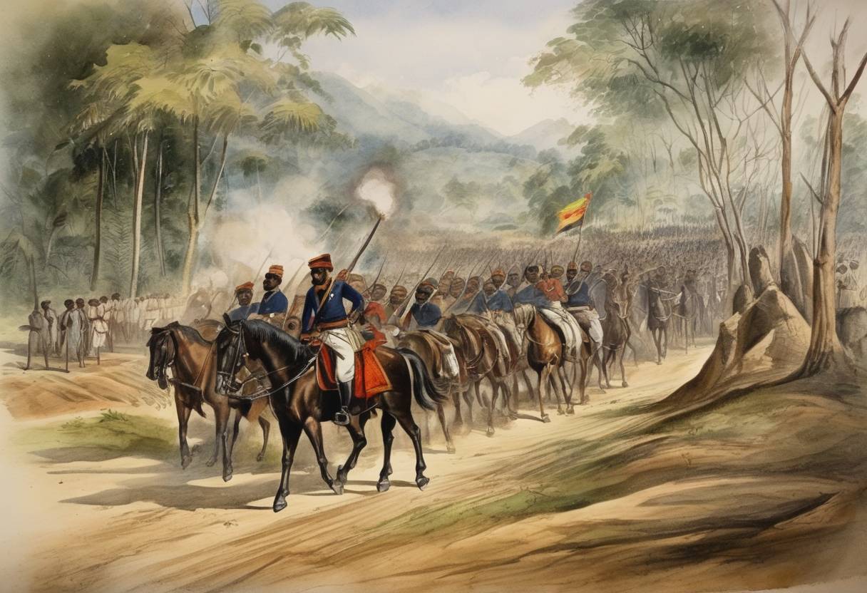 Watercolor painting based depiction of The Matale Rebellion, a revolt against the British colonial rule in Sri Lanka, was definitively ended with the arrest of the last insurgent leaders. (1848)