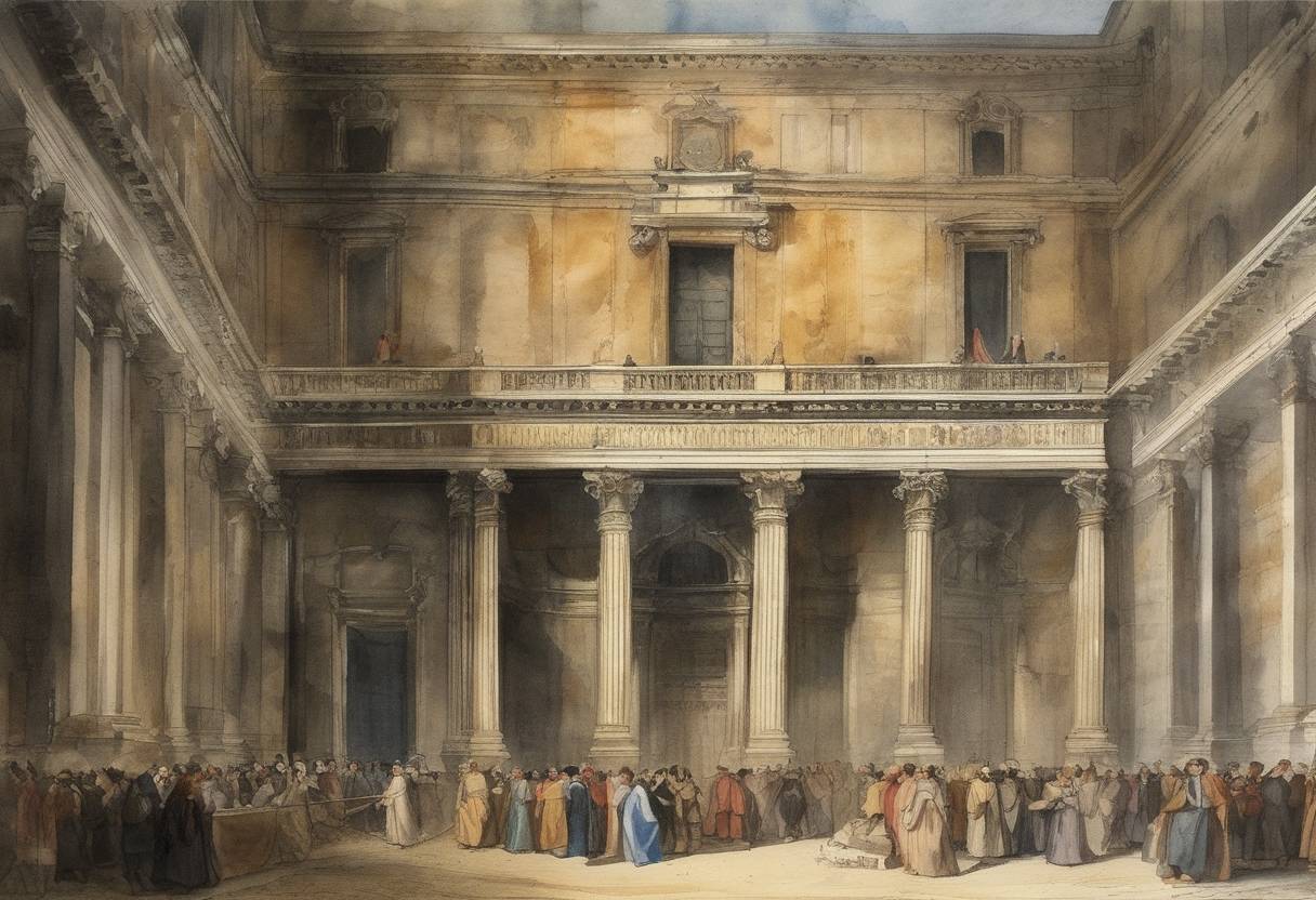 Watercolor painting based depiction of The Bank of Genoa fails after Spain declares bankruptcy. (1607)