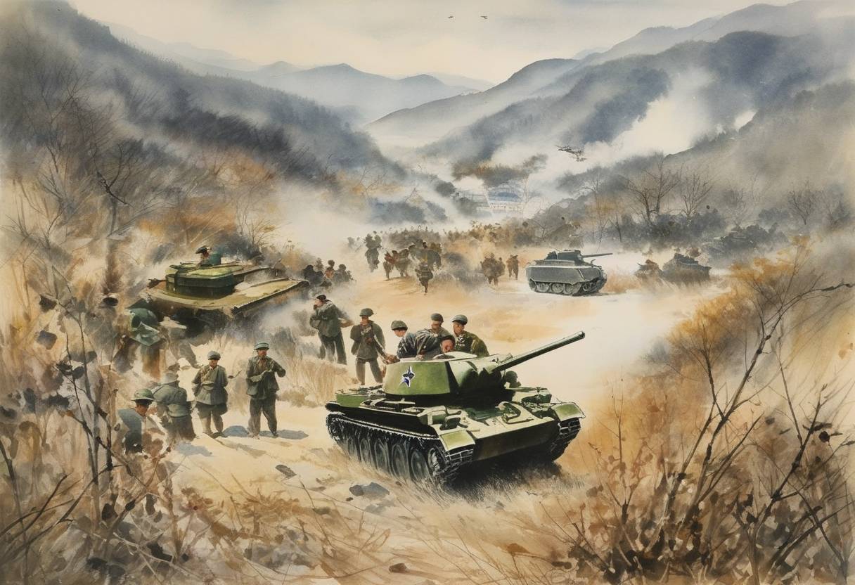 Watercolor painting based depiction of The Korean War begins. North Korean forces cross the 38th parallel and invade South Korea, sparking an international conflict. (1950)