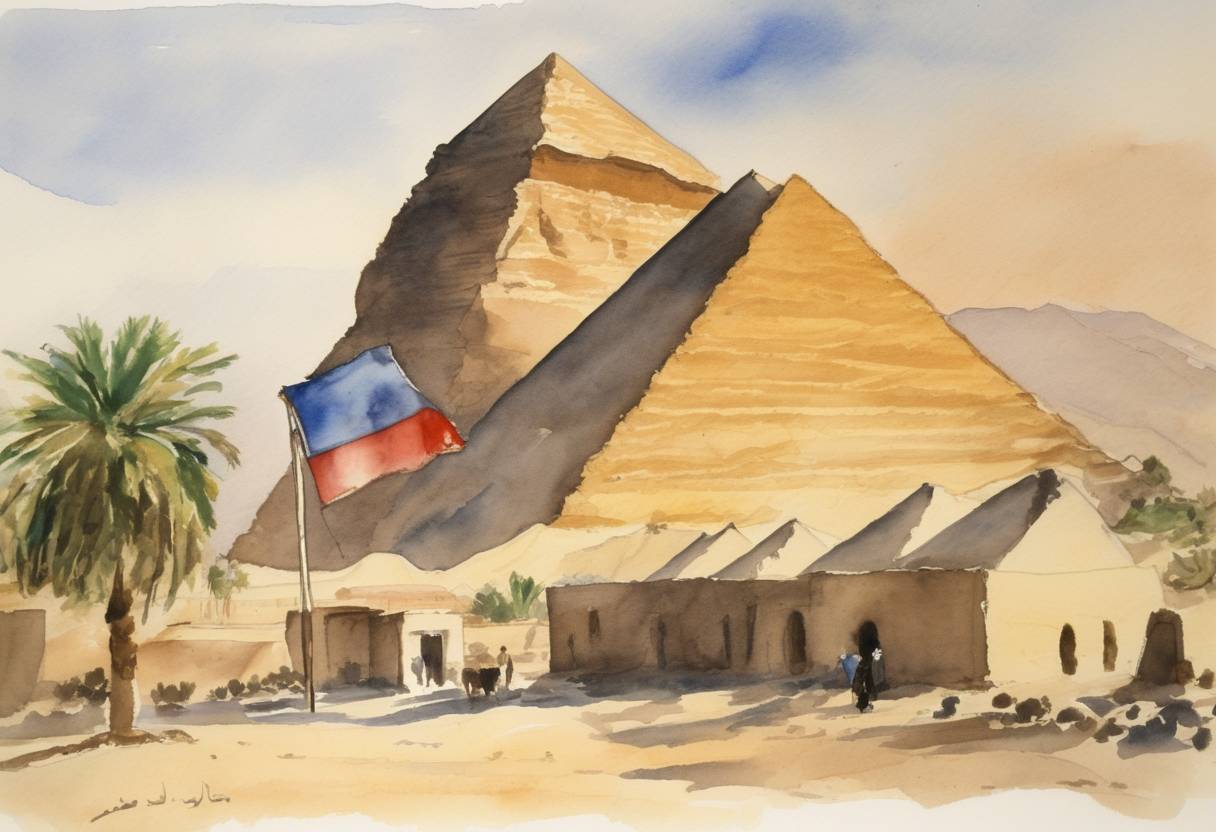 Watercolor painting based depiction of The Egyptian Flag was raised on Taba, following Israel’s withdrawal, marking the end of Israeli presence there. (1989)
