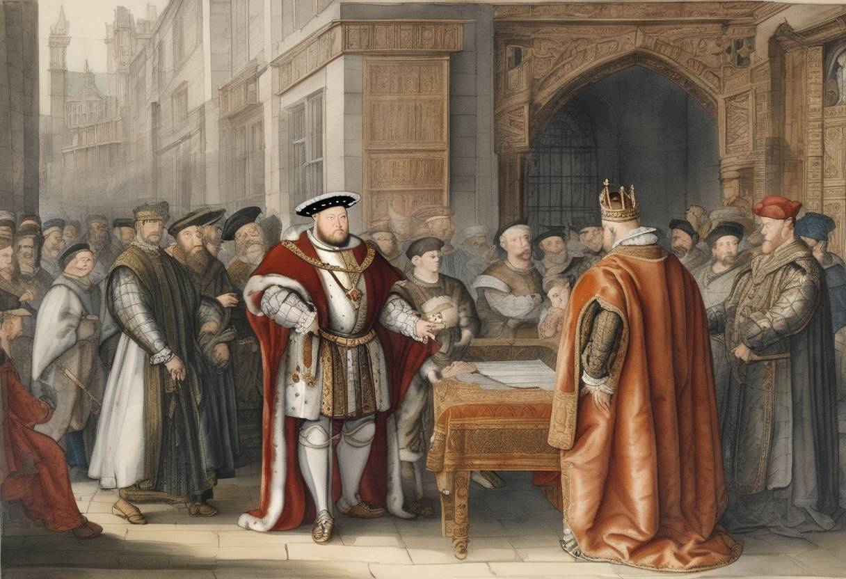 Watercolor painting based depiction of King Henry VIII of England dissolves the monasteries and confiscates their assets. (1536)