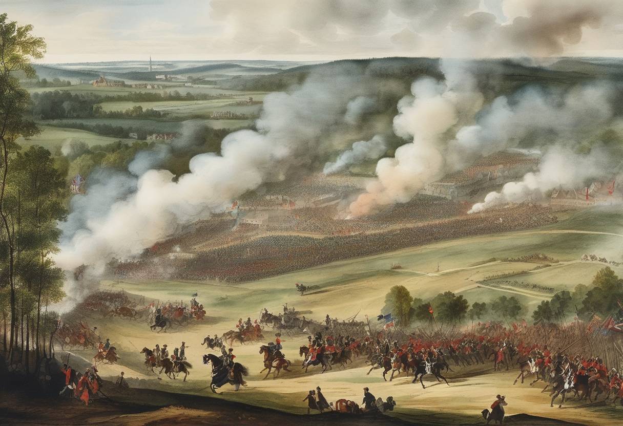 Watercolor painting based depiction of The Battle of Kolín took place during the Seven Years' War, where Austrian forces, commanded by Field Marshal Leopold Joseph von Daun, defeated the Prussian forces under King Frederick the Great. (1757)